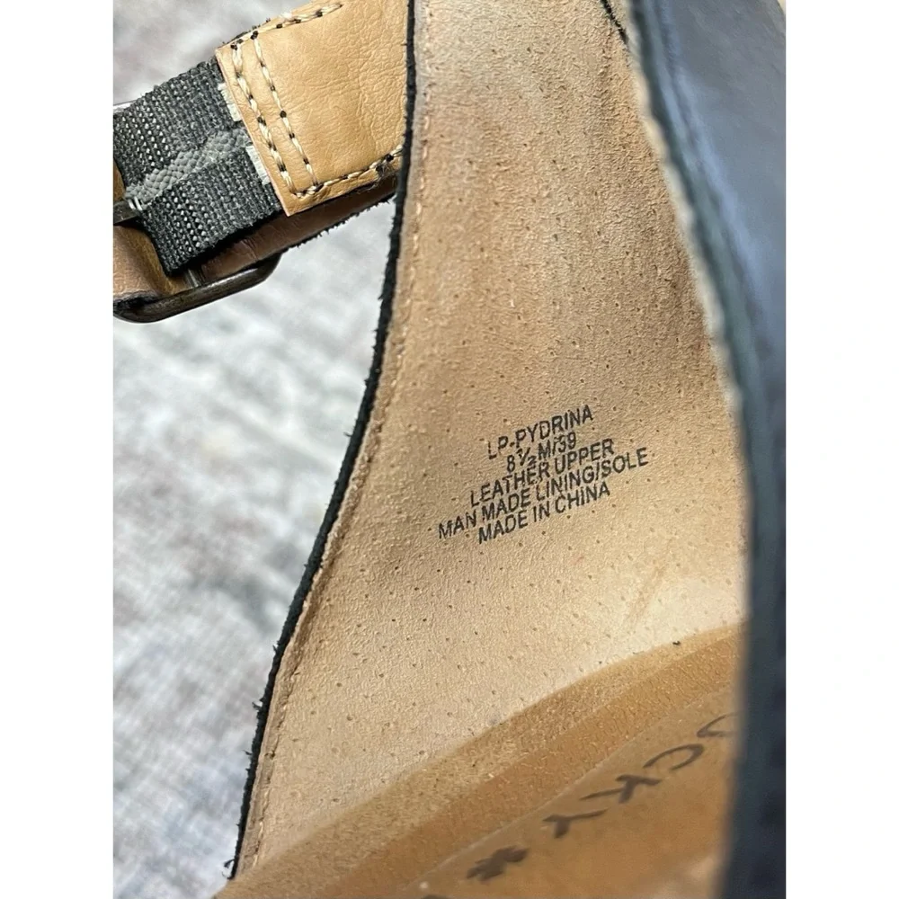 Lucky Brand Pydrina Black Leather Sandals 8.5 M Block Heel Strappy‎ Zipper Back